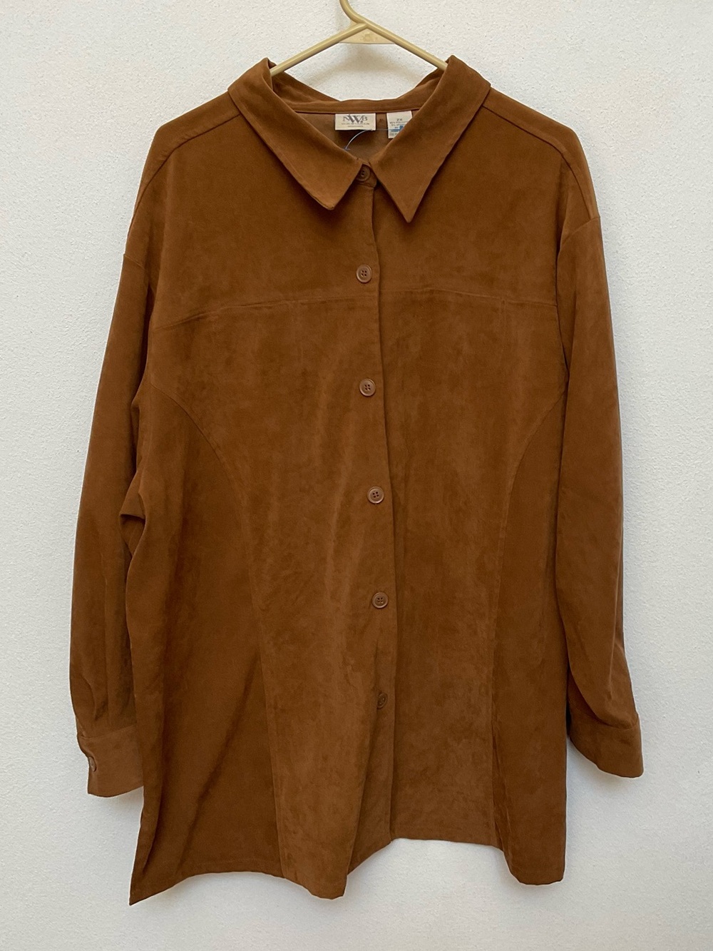 NWB Casuals Camel Brown Faux Suede Collared Button Down Top Size 2X